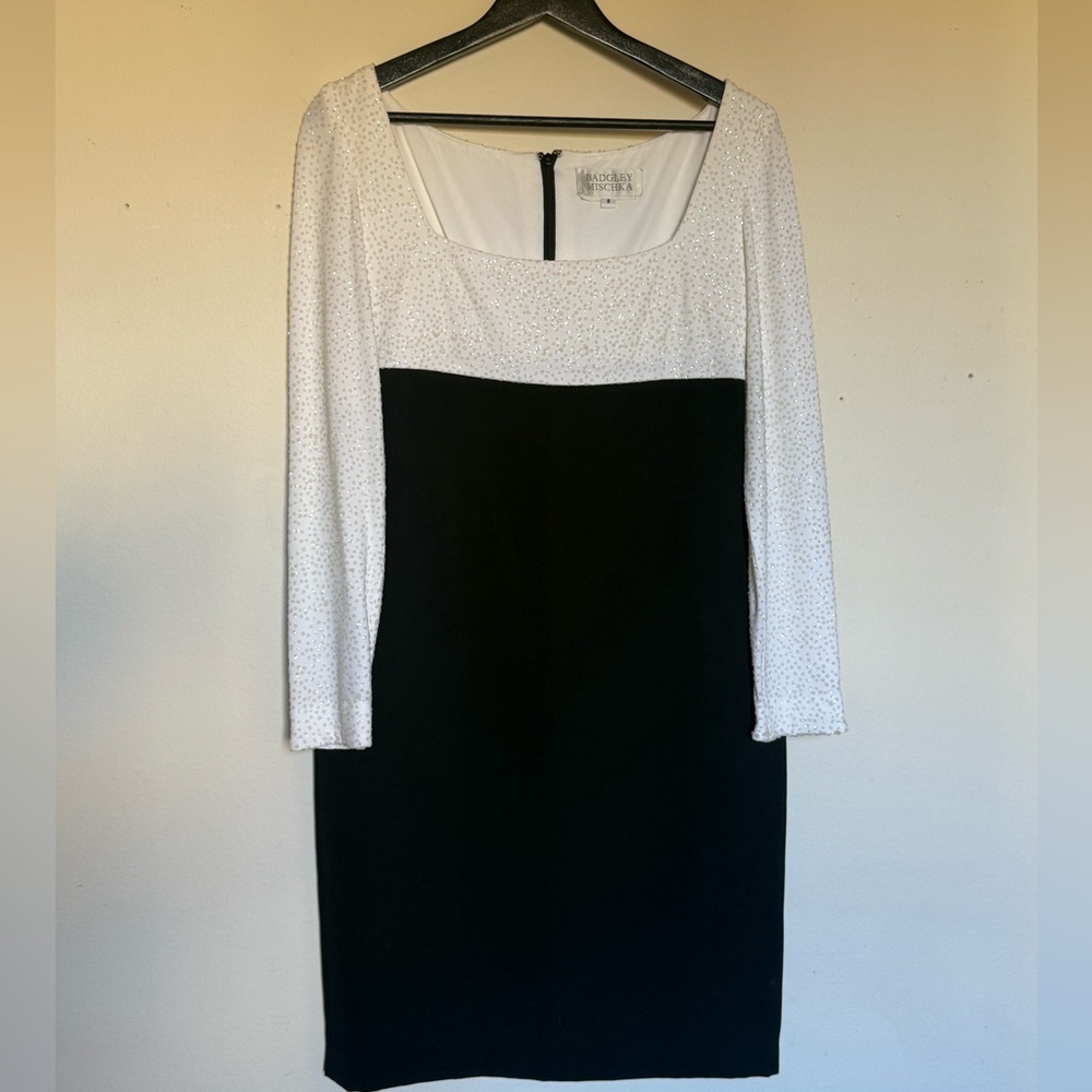 BADGLEY MISCHKA Black and White Rhinestone Dress Size 8